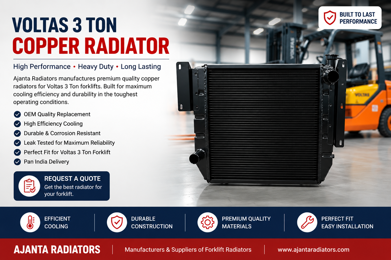 Voltas 3 Ton Copper Brass Forklift Radiator manufactured by Ajanta Radiators Mumbai
