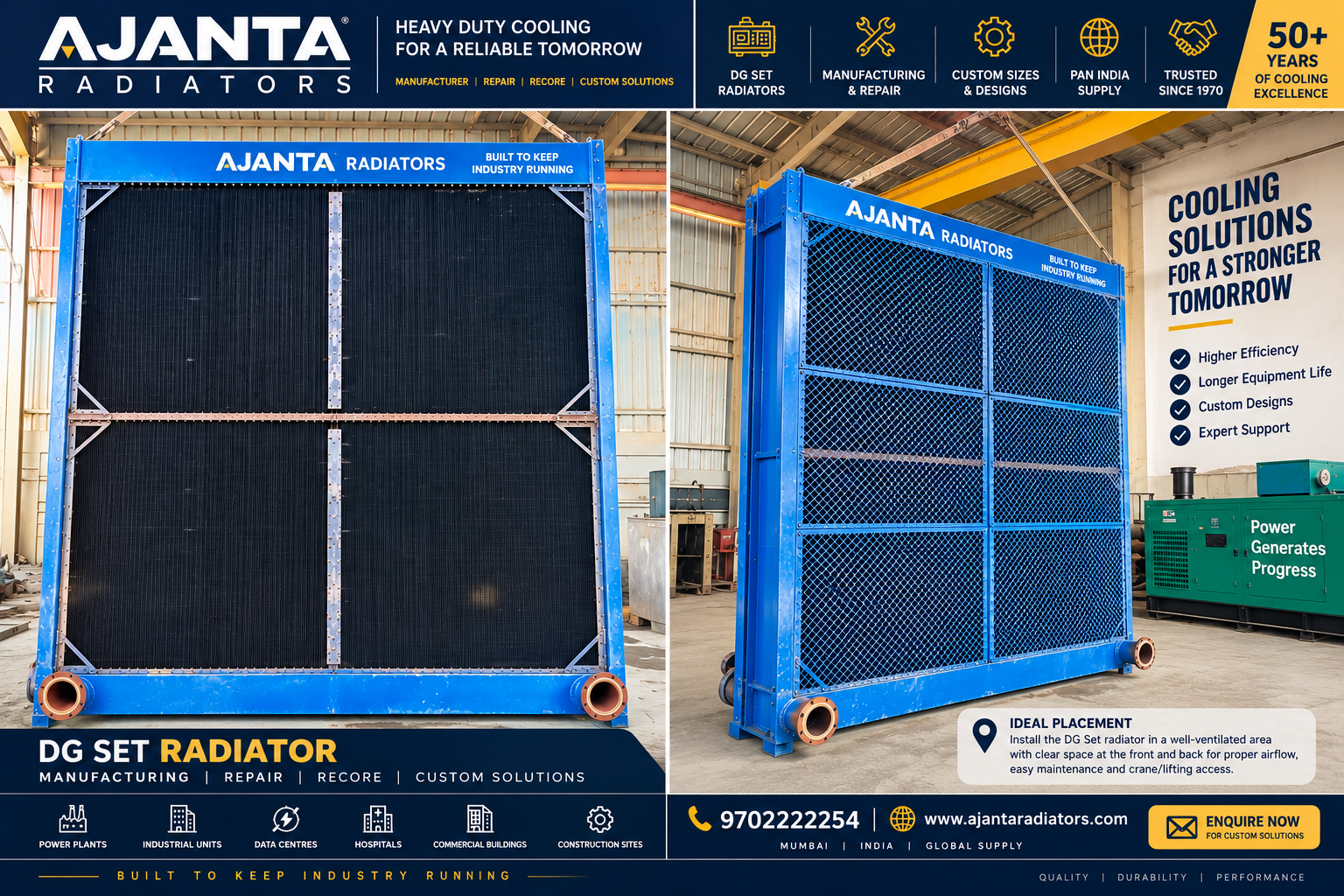 Ajanta Radiators promotional poster for DG set radiator manufacturing, repair, recoring and custom solutions